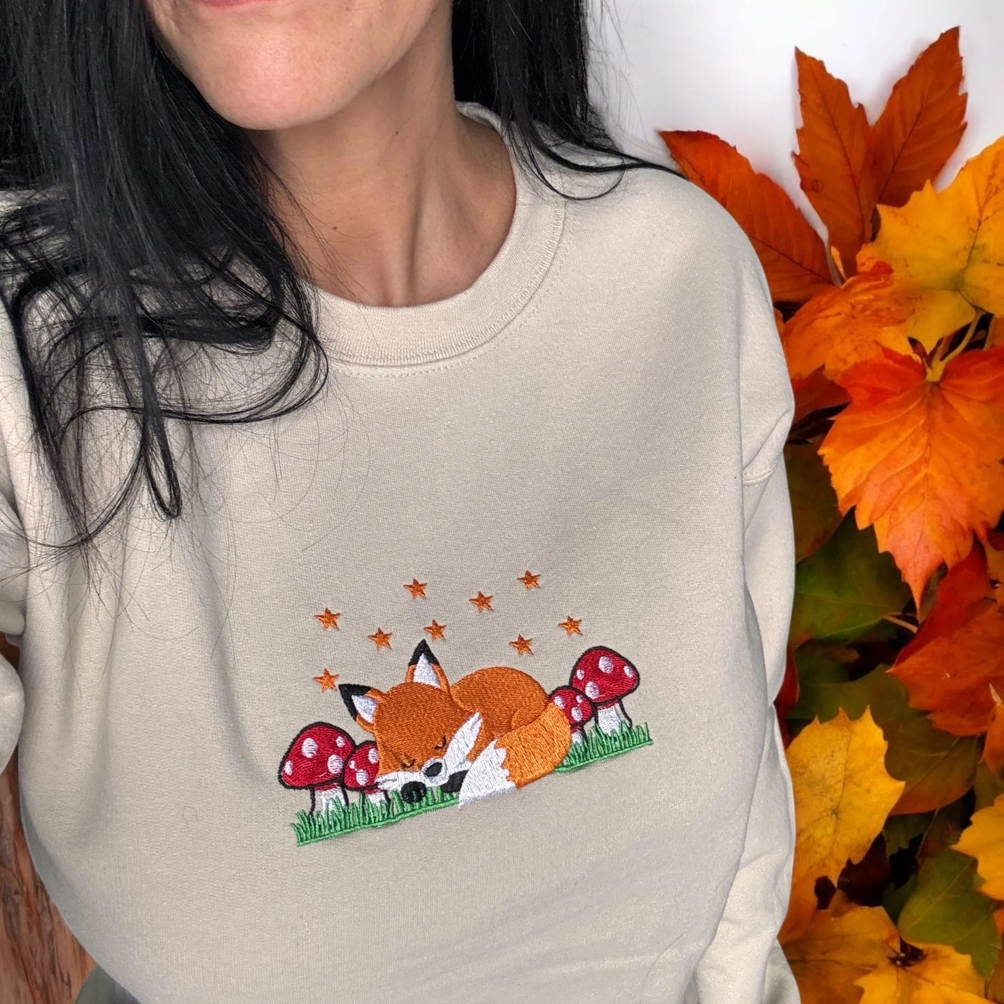 Autumn/fall Sleepy Fox With Mushrooms Embroidered Sweatshirt Or Hoodie. - Image 4