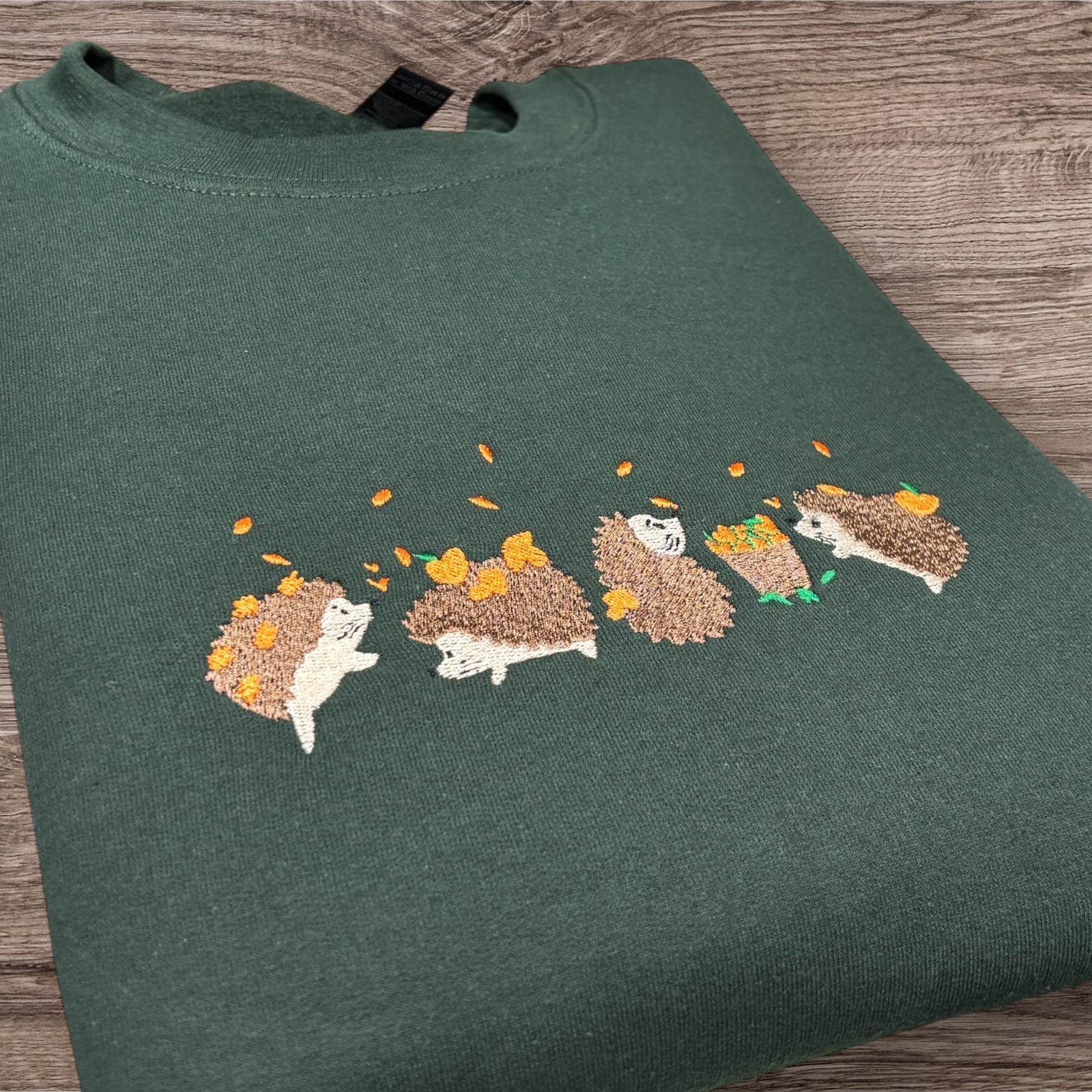 Embroidered autumn hedgehogs, sweatshirt or hoodie. Optional hedgehog and pumpkin sleeve embroidery, cute animal clothes gift. - Image 3