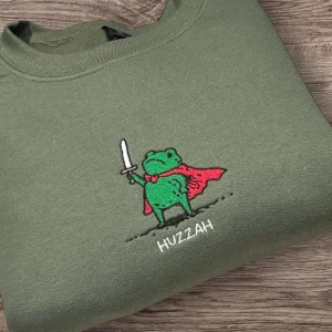 Embroidered Medieval Frog Sweatshirt: Huzzah Frog with Sword