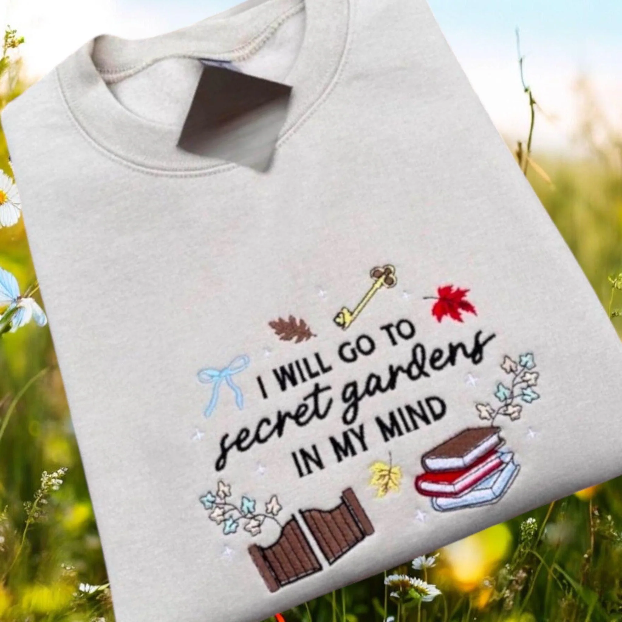 Embroidered Secret Garden Sweatshirt: Book Lover Crew Neck - Image 6