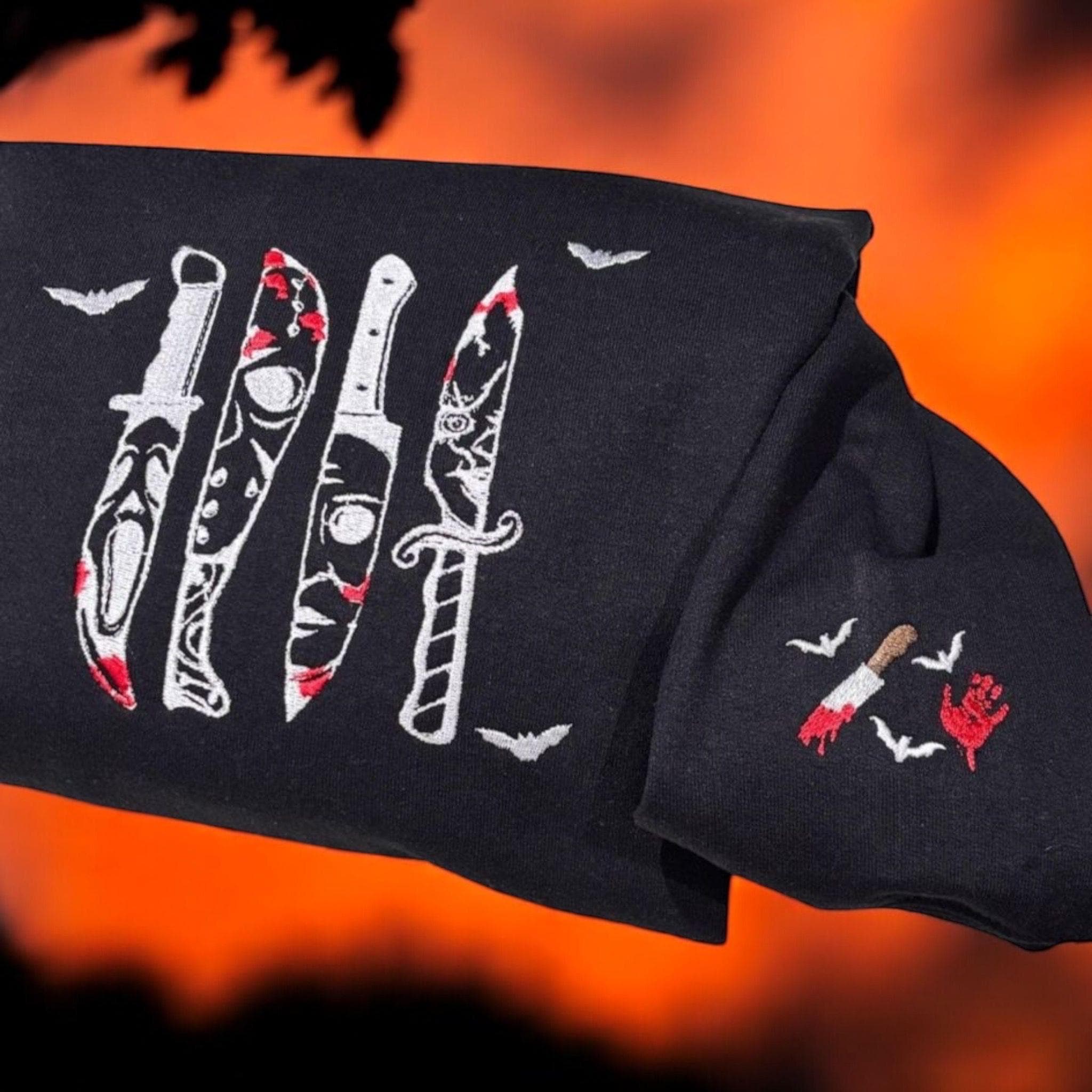 Embroidered Halloween Sweatshirt: Scream Movie Knife Face Crewneck - Image 5