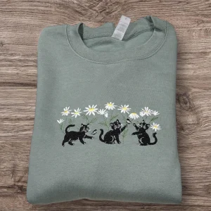 Cats Chasing Butterfly’s In A Hedgerow Of Daisy Flowers Embroidered Sweatshirt Or Hoodie.