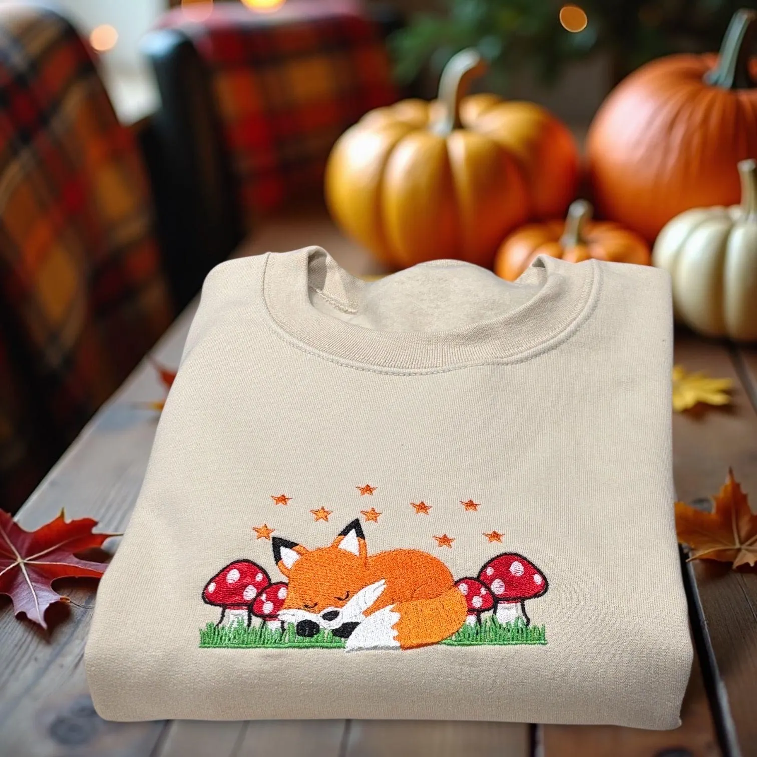 Autumn/fall Sleepy Fox With Mushrooms Embroidered Sweatshirt Or Hoodie. - Image 2
