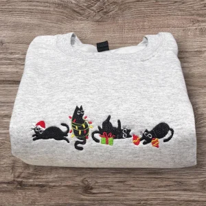 Embroidered Christmas Cat Sweatshirt: Playful Holiday Jumper