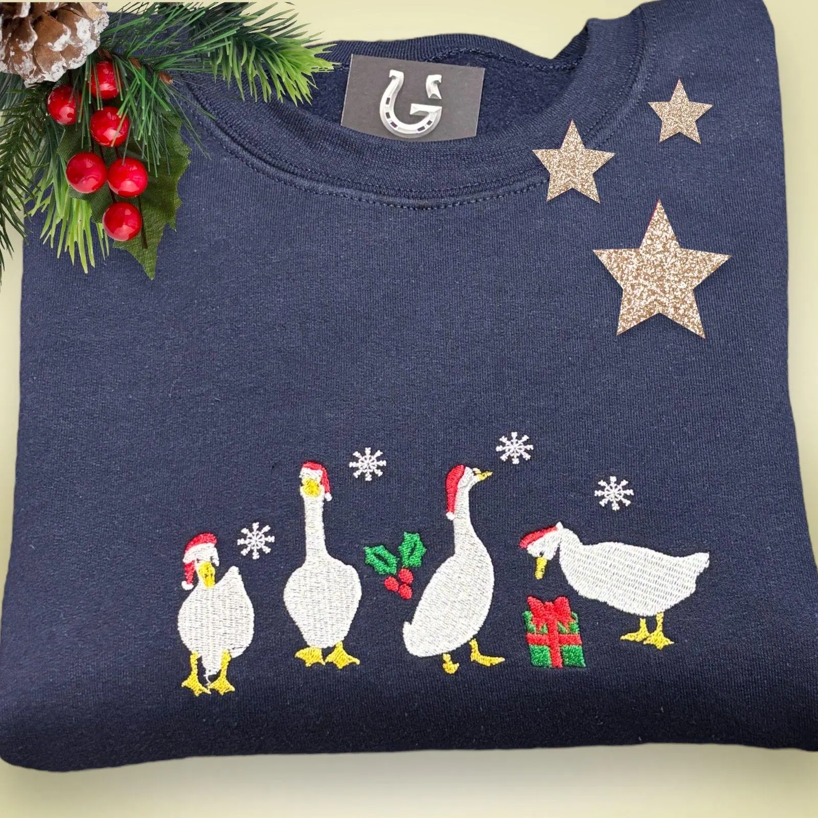 Embroidered Christmas Geese/Funny Goose Sweatshirt Or Hoodie. - Image 2