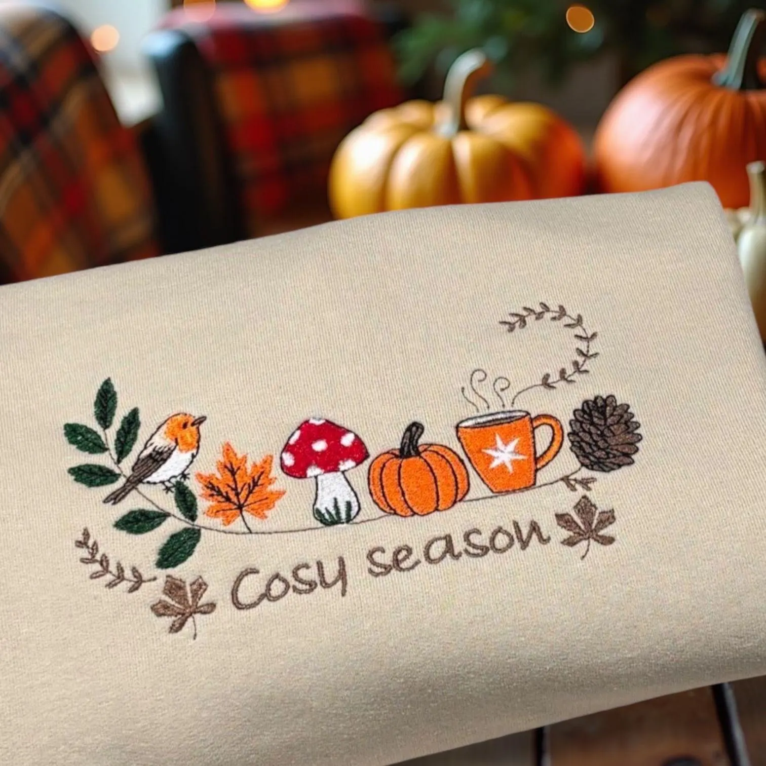 Embroidered cosy season, robin bird,pumpkin, sweatshirt, hoodie,crew neck, ladies fashion. Season jumper, autumn/fall leaves. - Image 8