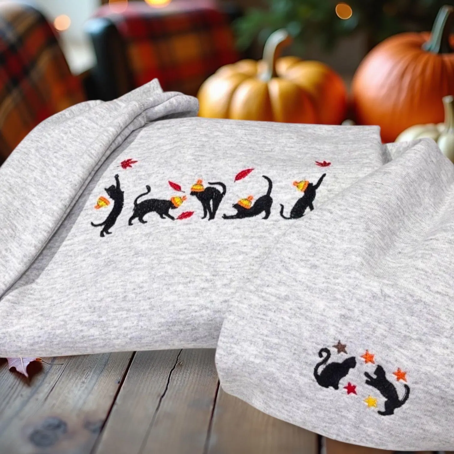 Embroidered cute autumn black cats with sweatshirt or hoodie. Kitten clothing, animal clothes, gift for cat lovers, fall cat hoodie. - Image 5