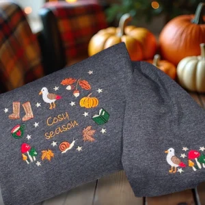Embroidered Cosy Season Sweatshirt: Autumn Leaves, Coffee Cup & Wildlife