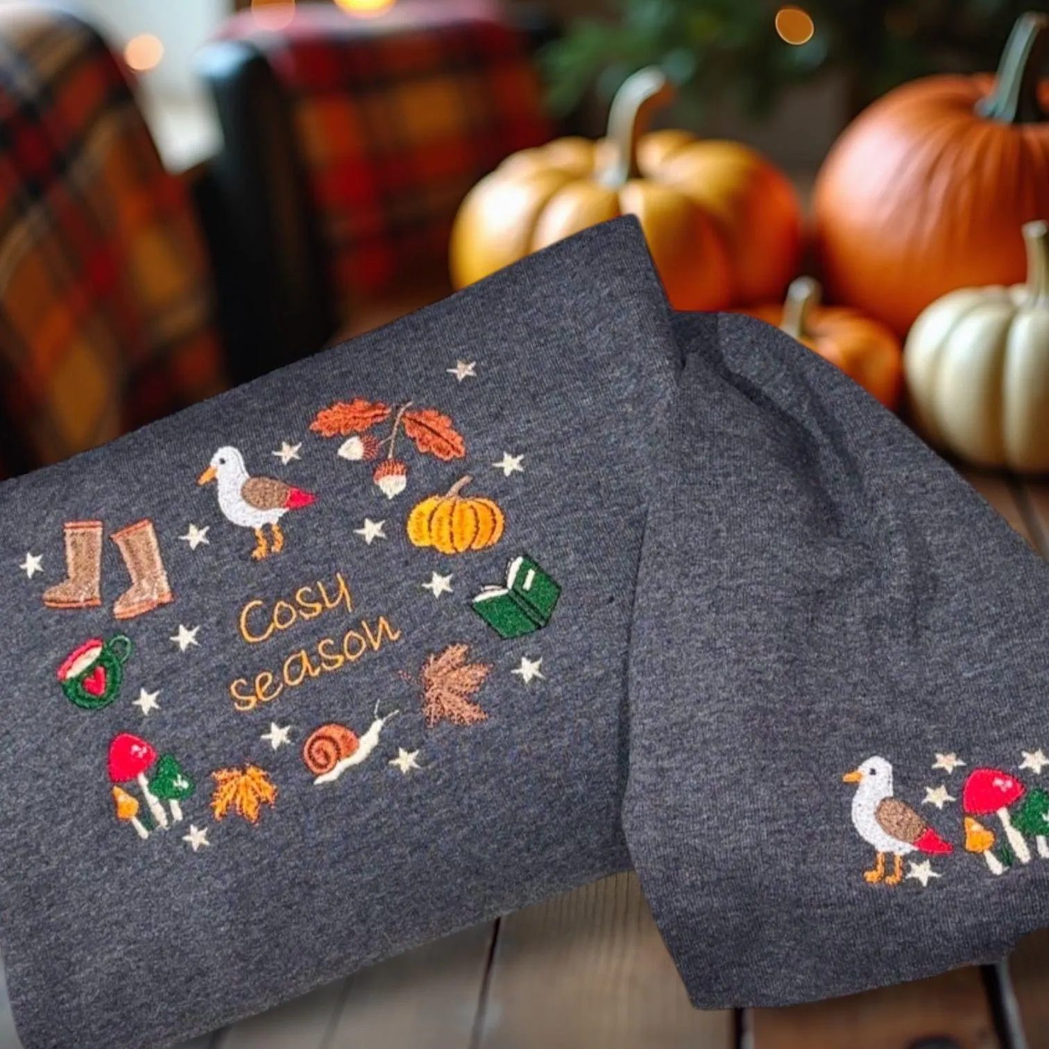 Embroidered Cosy Season Sweatshirt: Autumn Leaves, Coffee Cup & Wildlife