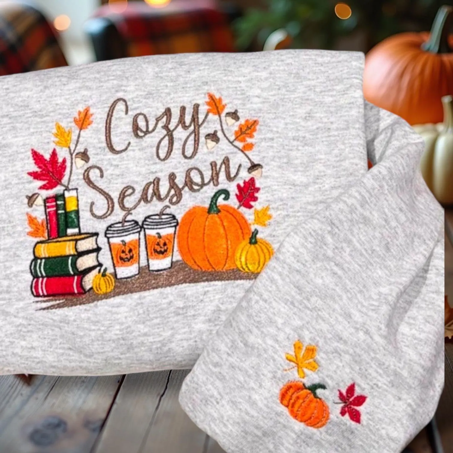 Embroidered Cosy Season Sweatshirt: Autumn Leaves, Coffee Cup & Candles - Image 6