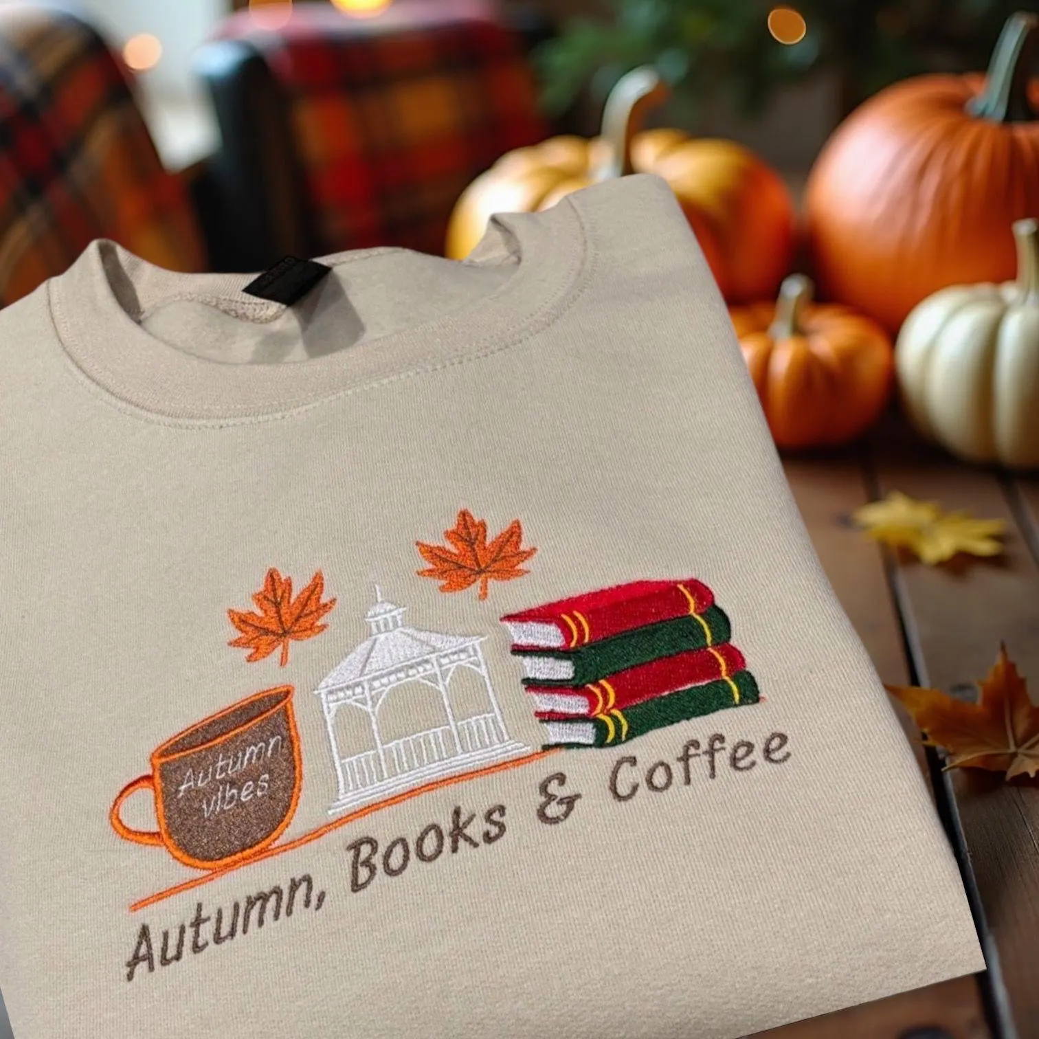 Embroidered Autumn, books and coffee or tea…sweatshirt or hoodie. - Image 3
