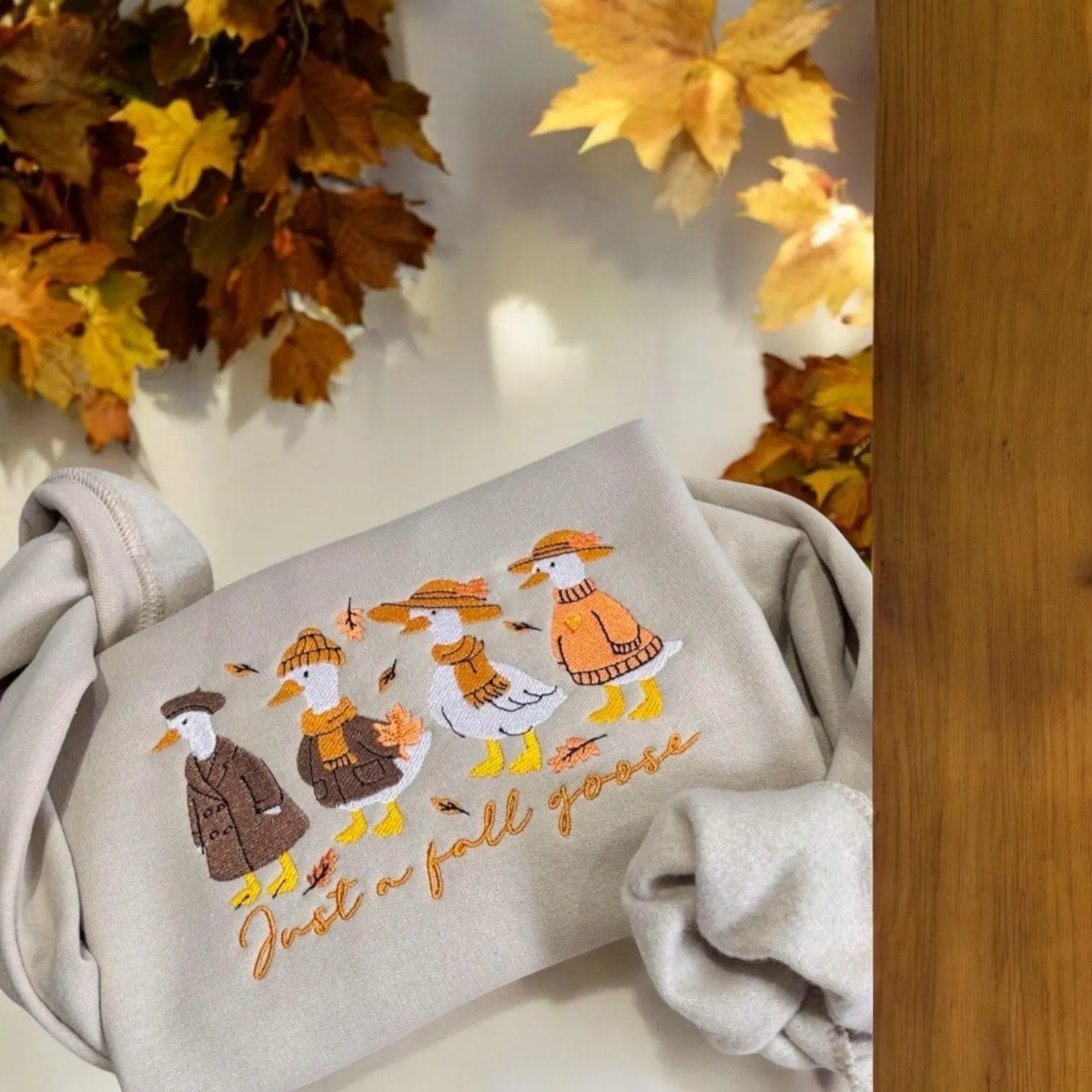 Embroidered Fall Goose Sweatshirt: Autumn Leaves Crew Neck Jumper - Image 2