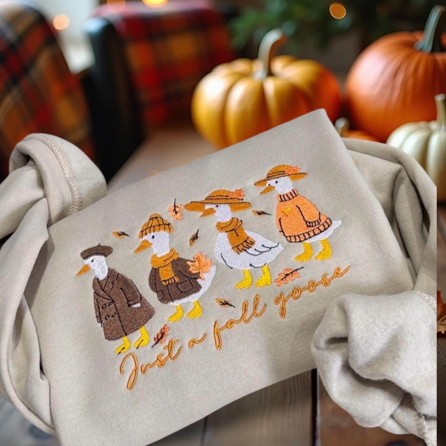 Embroidered Fall Goose Sweatshirt: Autumn Leaves Crew Neck Jumper - Image 3