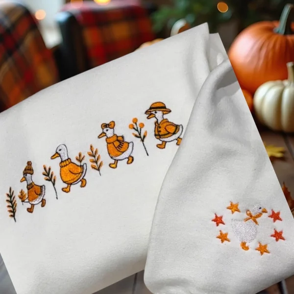 Embroidered Geese Sweatshirt: Autumn Leaves Crew Neck Jumper - Image 4