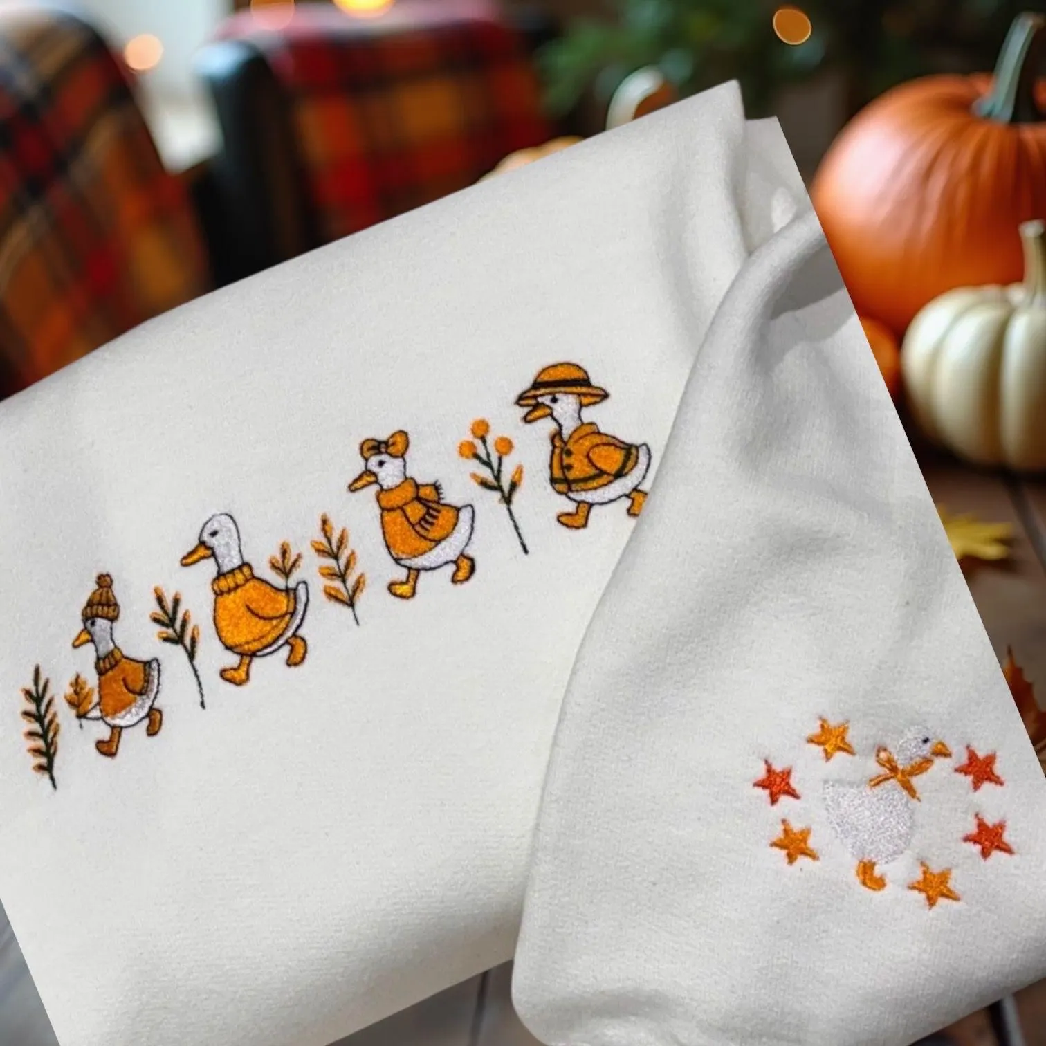 Embroidered Geese Sweatshirt: Autumn Leaves Crew Neck Jumper - Image 4