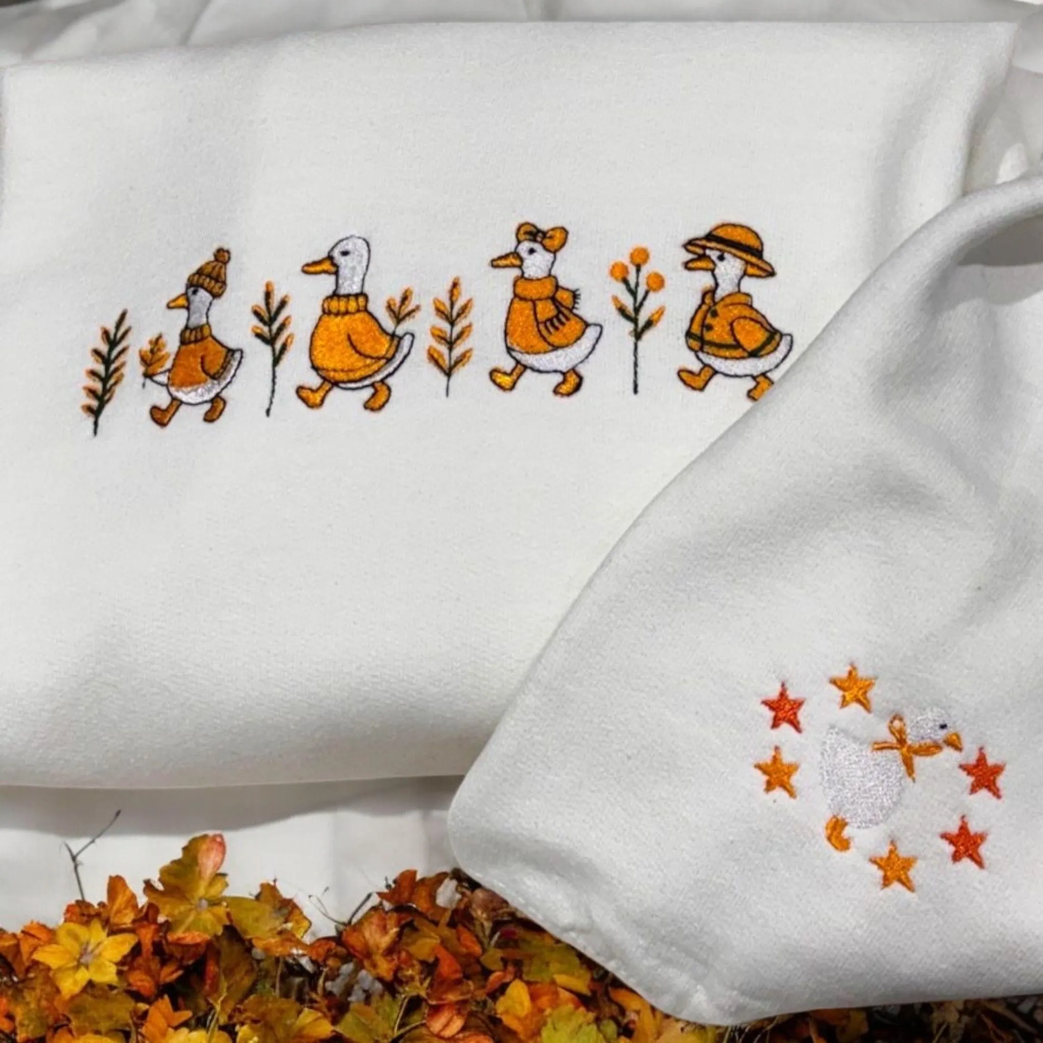 Embroidered Geese Sweatshirt: Autumn Leaves Crew Neck Jumper - Image 5