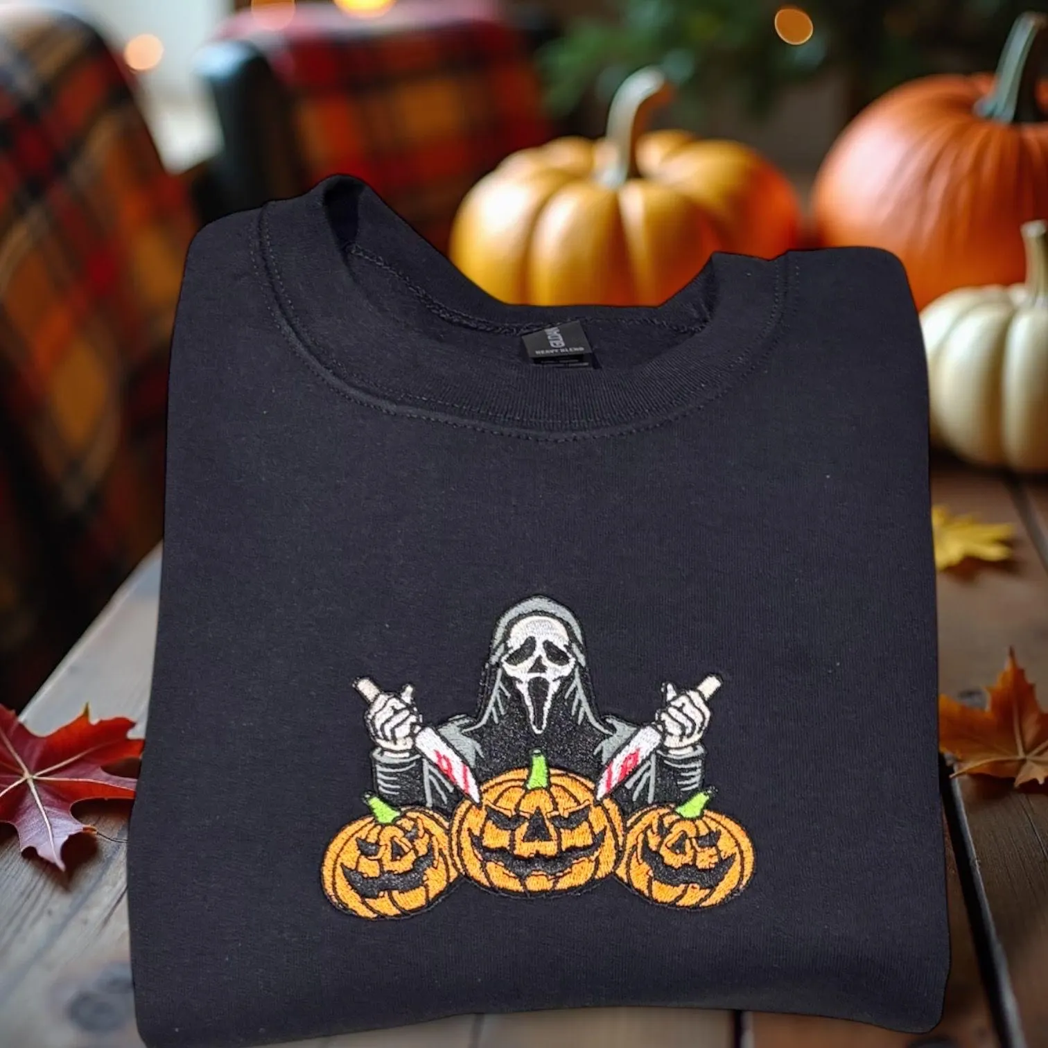 Embroidered Halloween Sweatshirt: Scream Face with knifes and spooky pumpkins, Crewneck gift. - Image 2