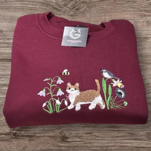 Embroidered Cat Sweatshirt: Spring Flower Hedgerow, Gift for Cat Lovers
