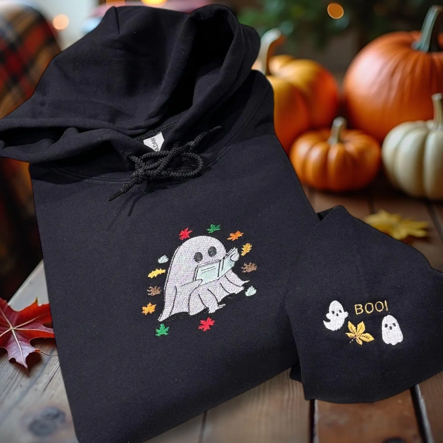 Embroidered Ghost Sweatshirt or Hoodie: Autumn Leaves, Spooky Halloween - Image 4
