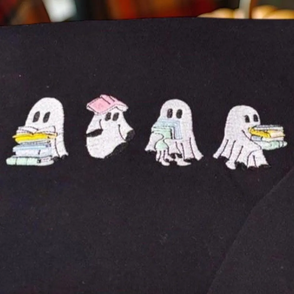 Embroidered Ghost Reading Book Sweatshirt: Spooky Halloween Hoodie - Image 4