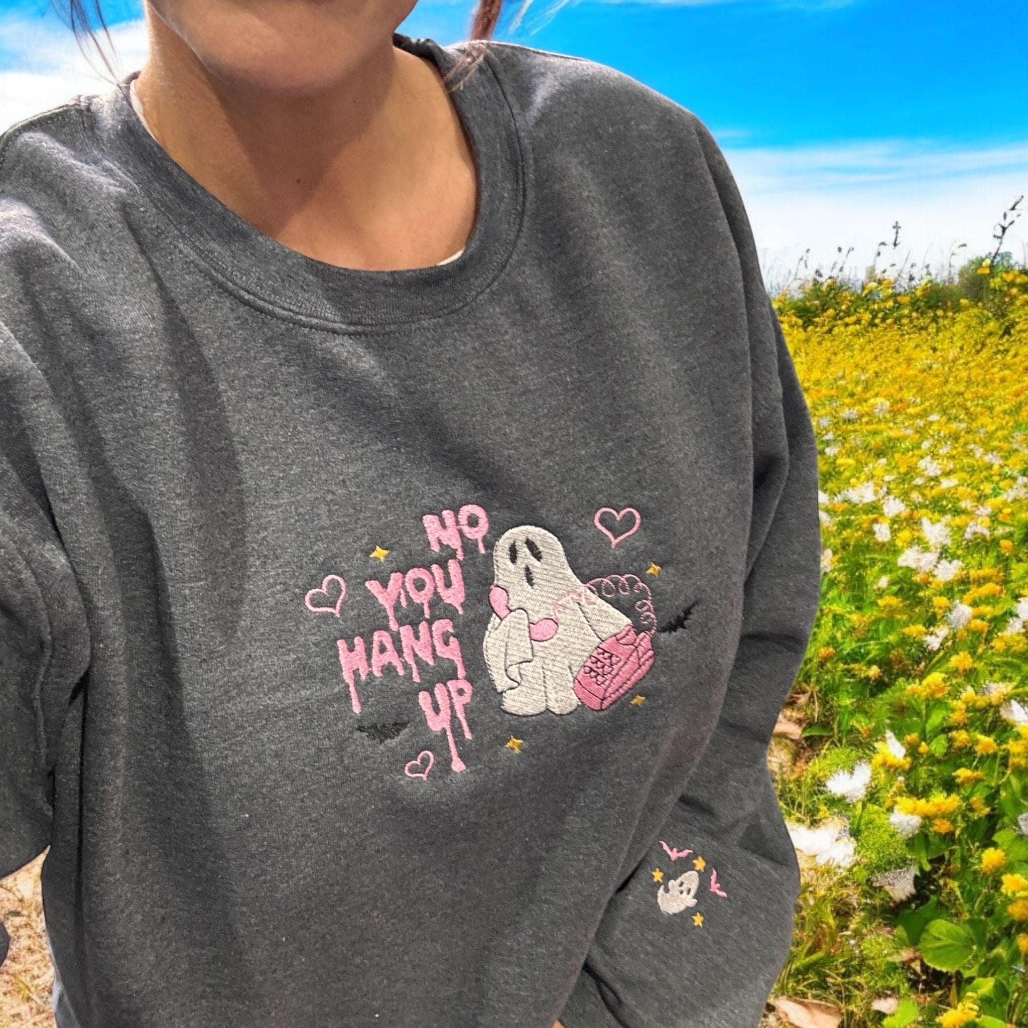 Embroidered Ghost No You Hang Up Sweatshirt or Hoodie: Spooky Halloween - Image 2