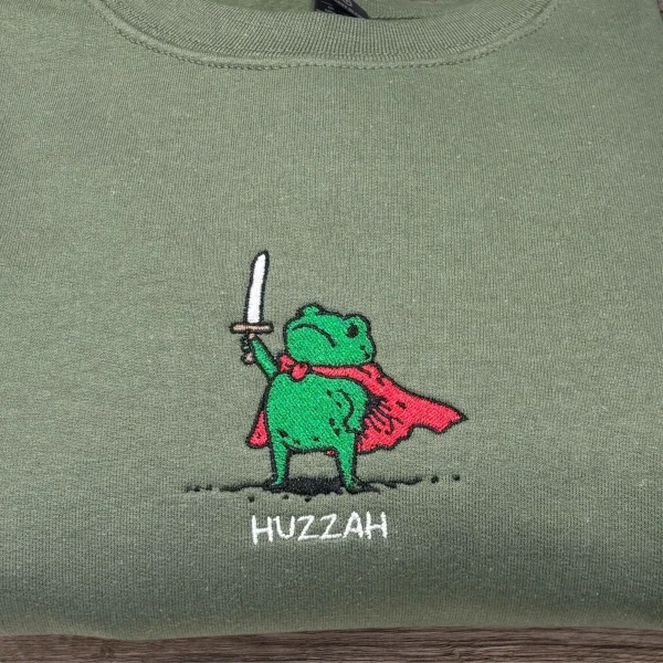 Embroidered Medieval Frog Sweatshirt: Huzzah Frog with Sword - Image 2