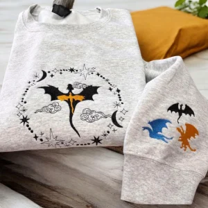 Embroidered Fourthwing dragon sweatshirt.