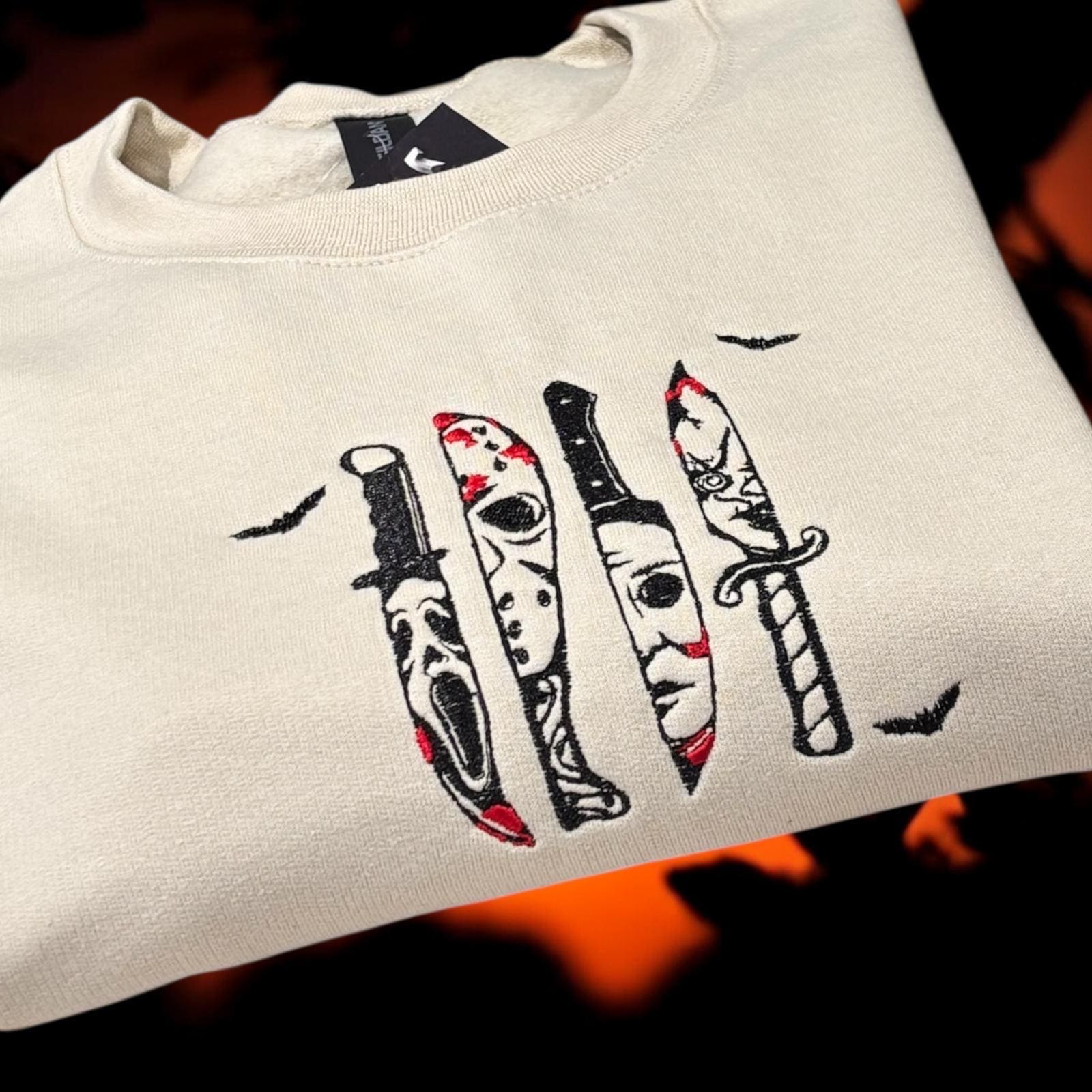 Embroidered Halloween Sweatshirt: Scream Movie Knife Face Crewneck - Image 4