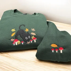 Autumn Cat with mushrooms Embroidered Sweatshirt Or Hoodie.