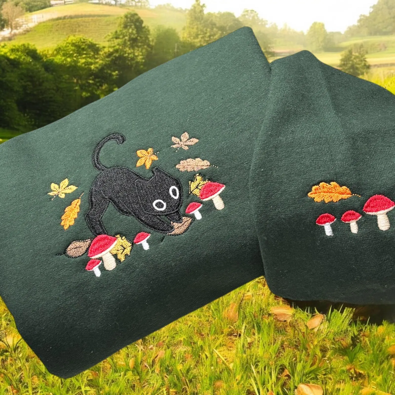 Autumn Cat with mushrooms Embroidered Sweatshirt Or Hoodie. - Image 3