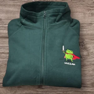 Embroidered Medieval Frog Fleece Full Zip Jacket: Huzzah Frog with Sword