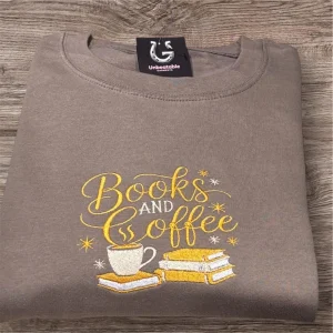 Embroidered Books and Coffee Sweatshirt: Reading Lover Crew Neck