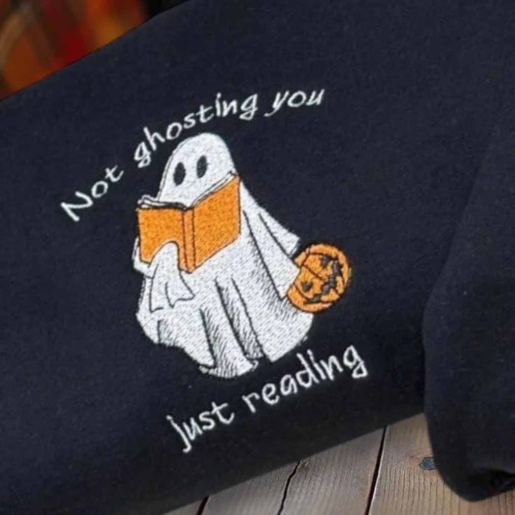 Embroidered ghost, reading book sweatshirt or hoodie. clothing, spooky shirt, sleeve embroidery, Halloween hoodie. - Image 3
