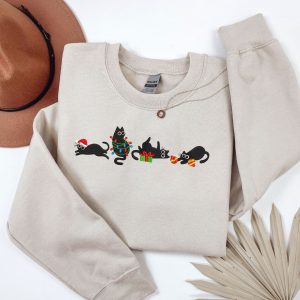 Embroidered Christmas Cat Sweatshirt: Playful Holiday Jumper