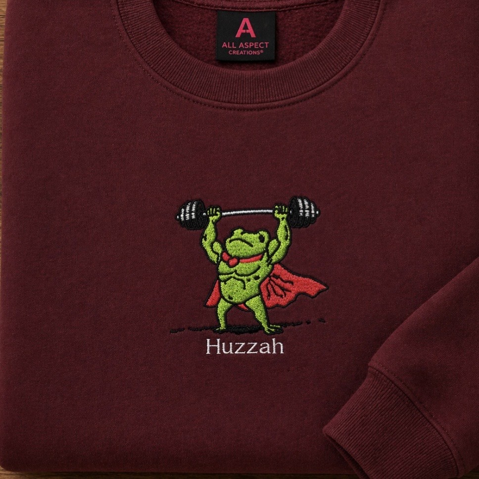 Embroidered muscle frog huzzah sweatshirt
