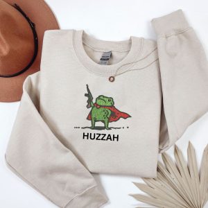 Embroidered Medieval Frog Sweatshirt: Huzzah Frog with rifle gun
