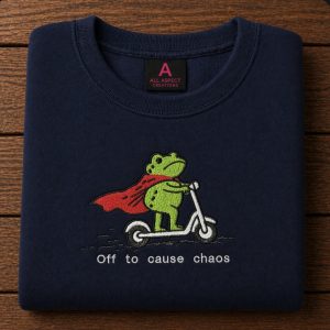 Embroidered off to cause chaos frog riding a scooter sweatshirt