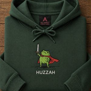 Embroidered Medieval Frog Sweatshirt: Huzzah Frog with Sword