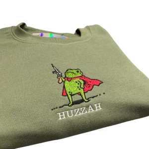 Embroidered Medieval Frog Sweatshirt: Huzzah Frog with rifle gun