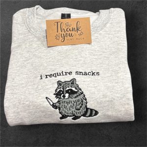 Embroidered i require snacks raccoon sweatshirt