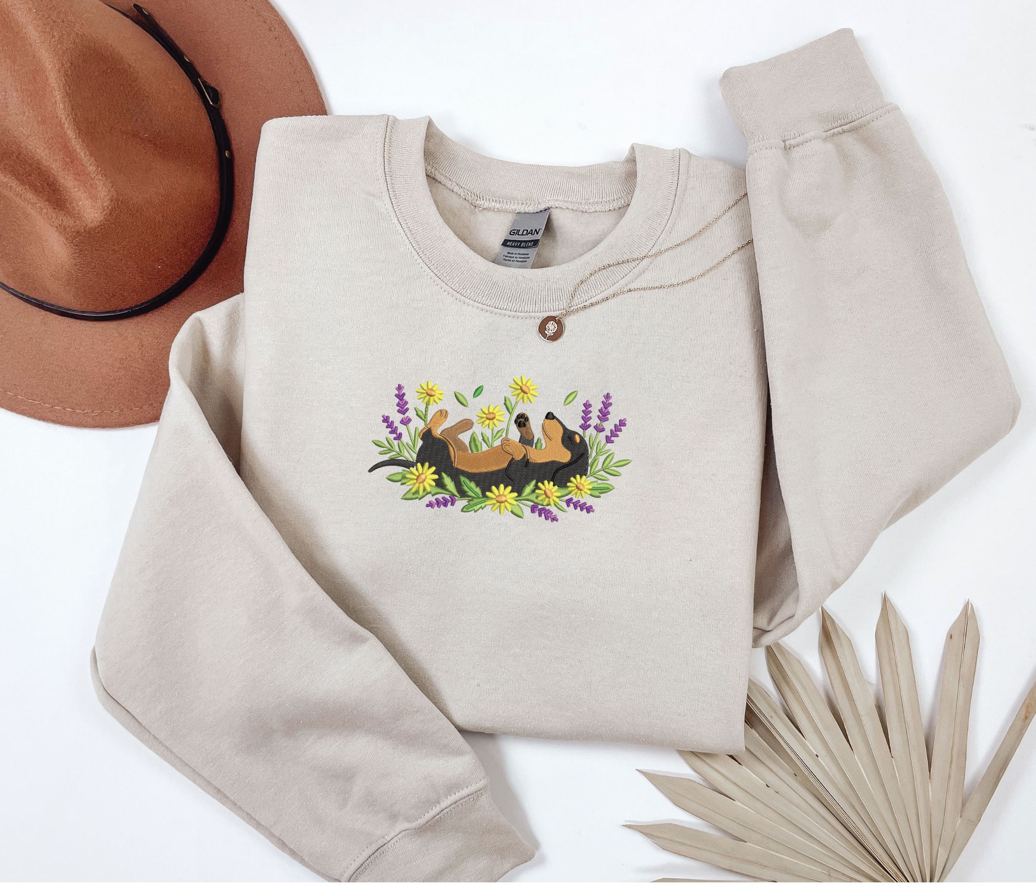 Embroidered Dachshund dog in spring flowers sweatshirts