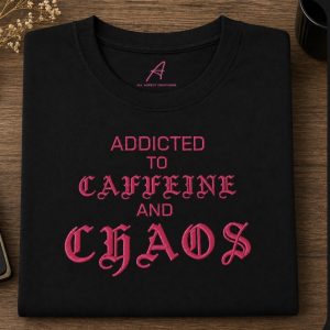 Embroidered Caffeine and chaos slogan Tee