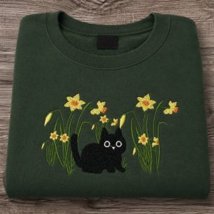 Embroidered cat in spring flowers sweatshirt.