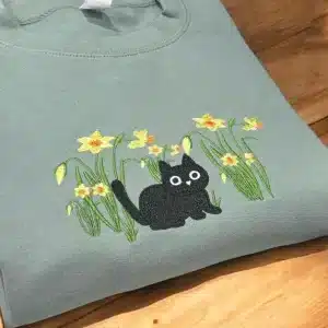 Embroidered cat in spring flowers sweatshirt.