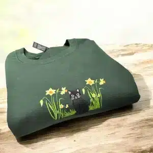 Embroidered cute cat in spring flowers sweatshirt.