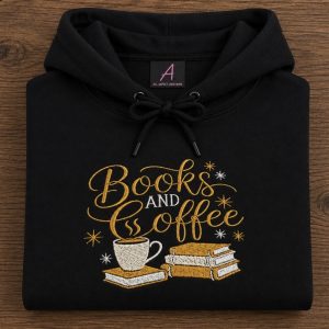 Embroidered books and coffee sweatshirt
