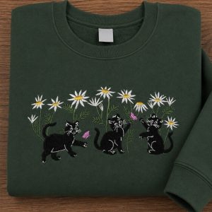 Embroidered cute cats in daisy flowers sweatshirt