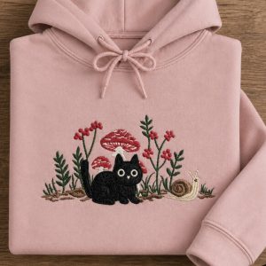 Embroidered cat with mushrooms sweatshirt.