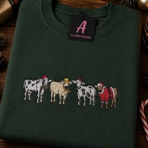 Embroidered Christmas Cows Sweatshirt Or Hoodie.